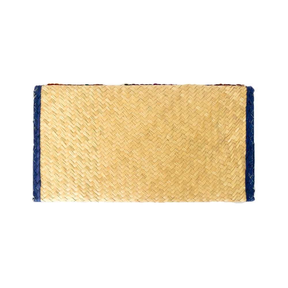 Hand woven Clutch Bag With Embroidery Triangles with Blue Trim.