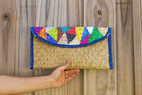 Hand woven Clutch Bag With Embroidery Triangles with Blue Trim.